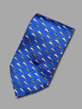 BURBERRY BLUE GREY WHITE WHALE PRINT SILK NECKTIE